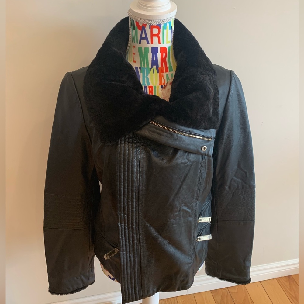 NWOT Badgley Mischka Black Leather Moto Jacket w/Lamb Fur Collar